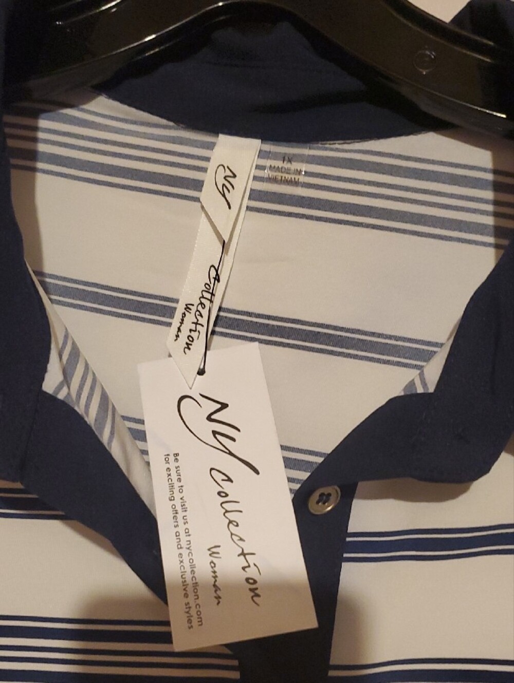 NY Collection White & Navy Striped Button-Down Polo Shirt - Picture 3 of 9